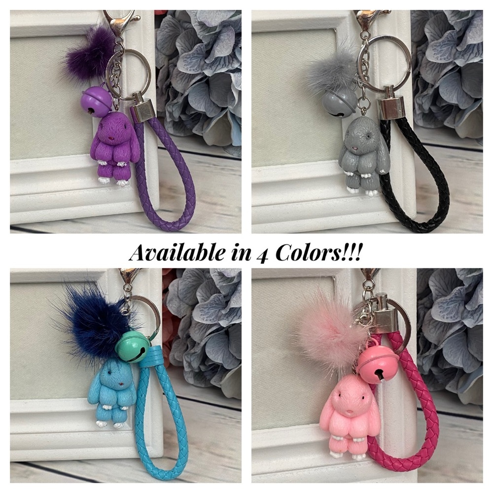 Gray Bunny Charm Keychain with Wristlet Strap - Picture 12 of 13